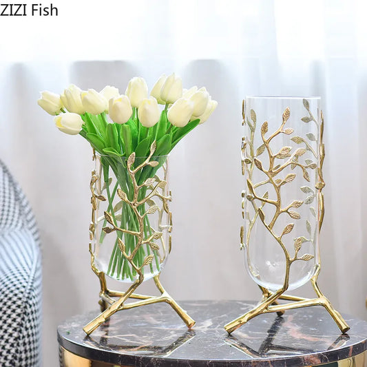 Creative metal glass Golden leaves vine