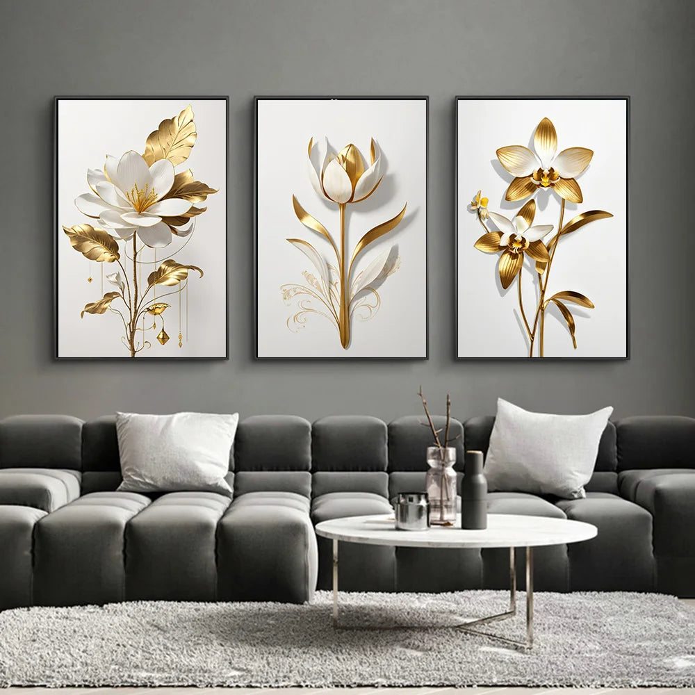 Golden Abstract Flowers Canvas Art Posters